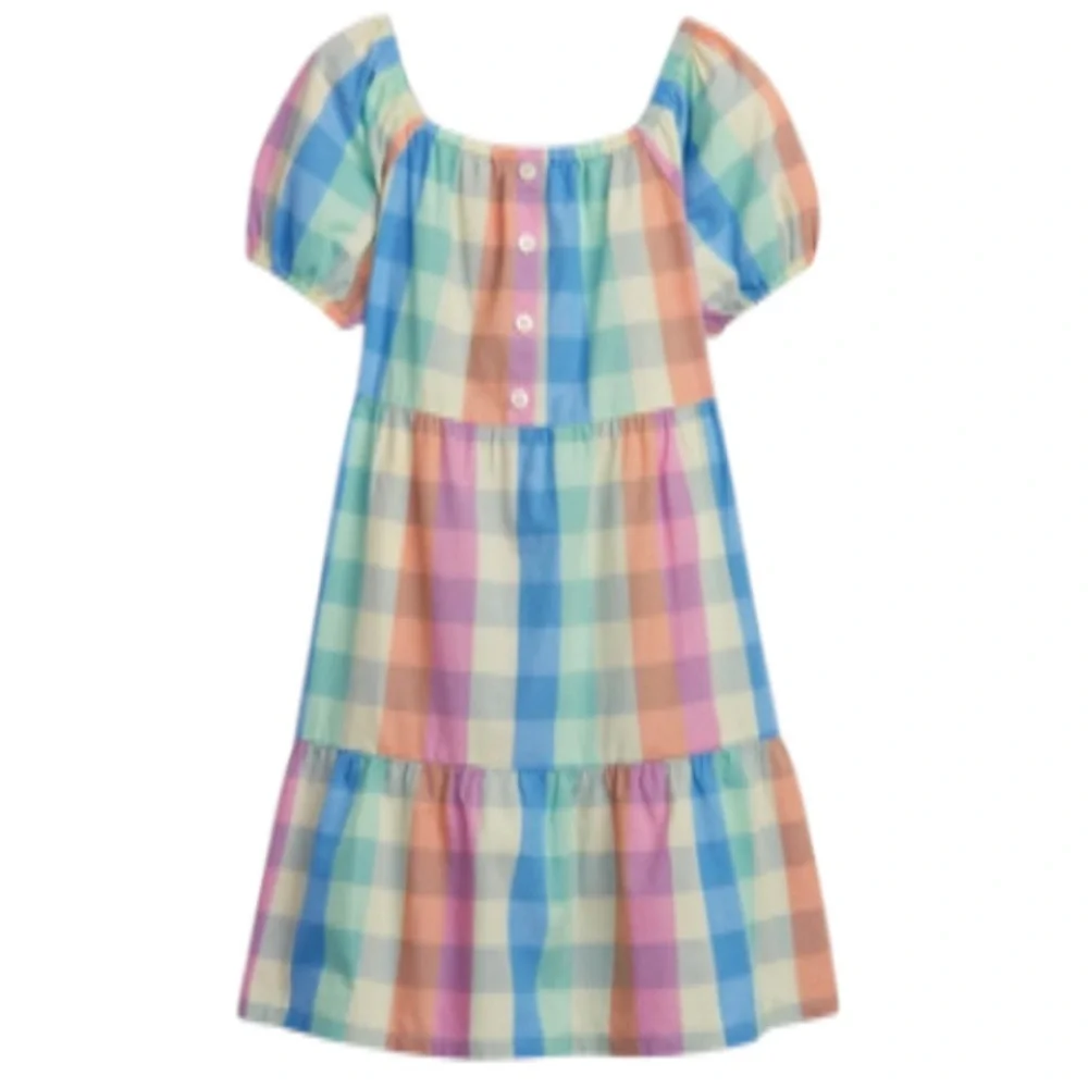 GAP girl’s pastel gingham plaid cotton button print puff sleeve dress medium